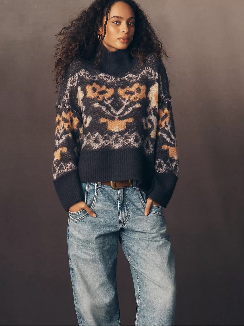 Anthropologie Pilcro’s Mock-Neck Brushed Sweater, Blue Floral, EUC, Size S